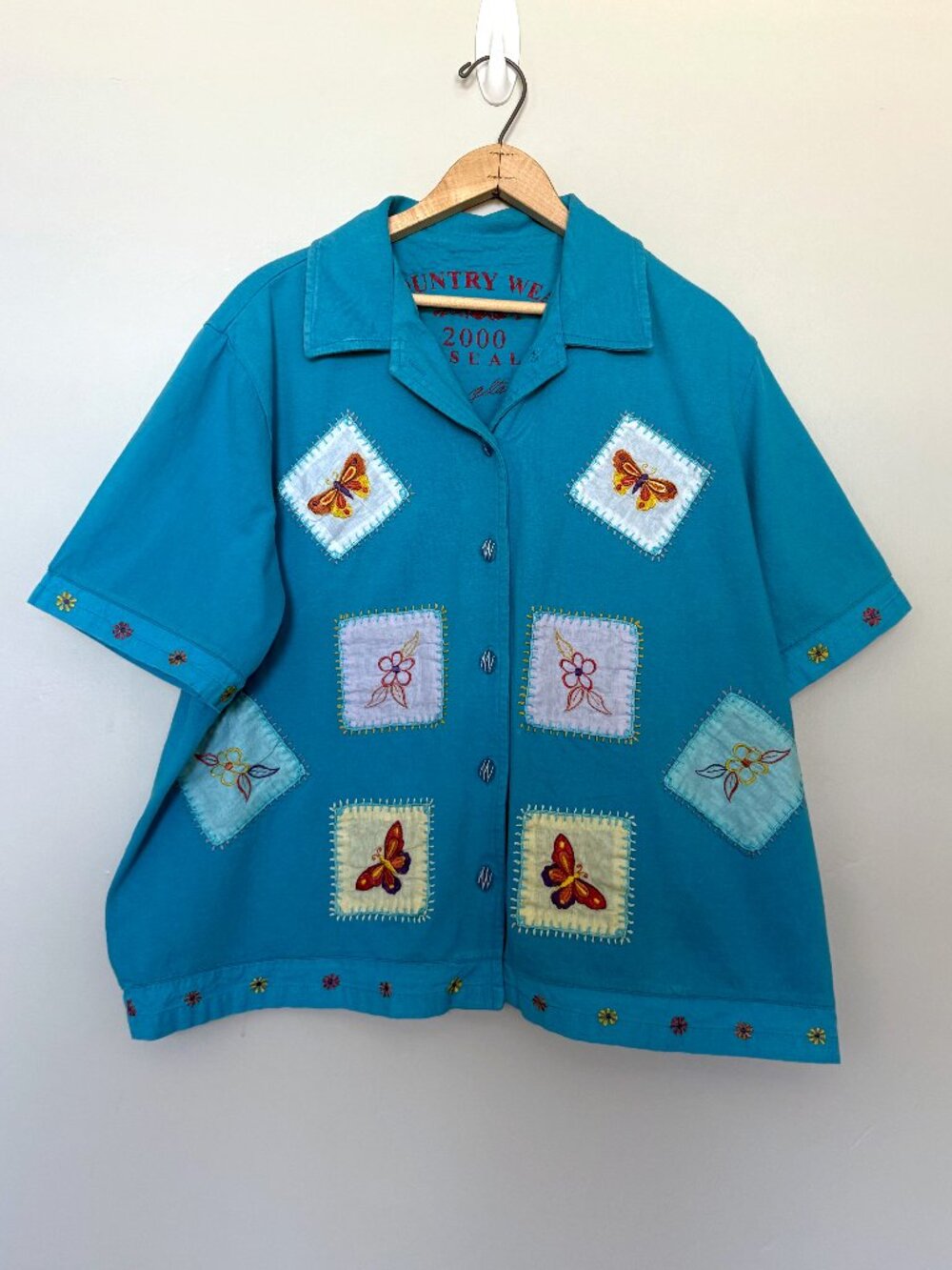 Vintage Y2K Butterfly Embroidered Patchwork Shirt 2X Boho Turquoise Grandma